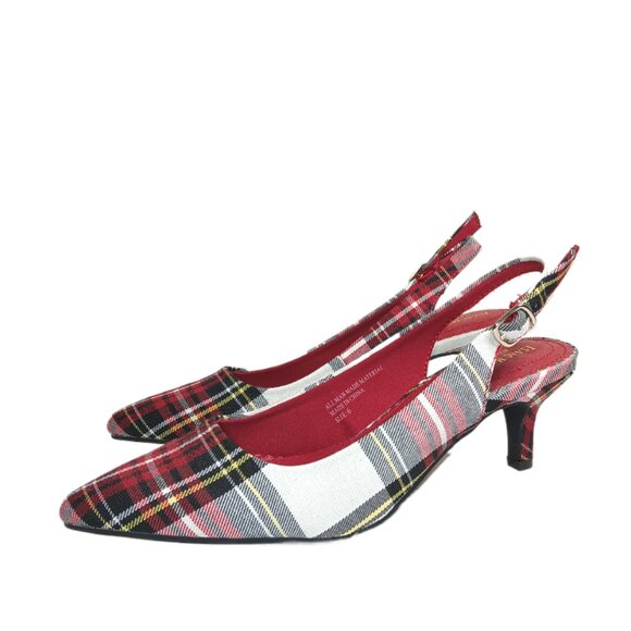 Isaac Mizrahi Plaid Kitten Heels Womens 6 Red Preppy Academia 90s Y2K Slingback - Picture 3 of 6